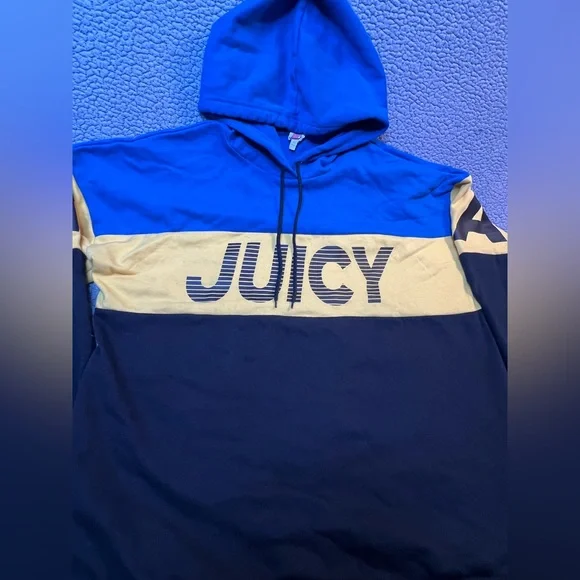 Juicy Couture Juice Pullover Hoodie Womens Size XL Blue And Yellow Oversized - Picture 11 of 13